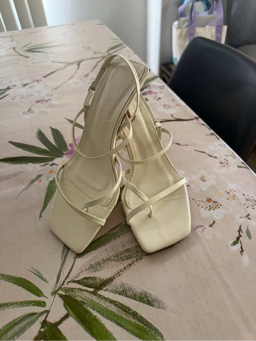 ZARA Strappy Square-Toe Women’s Heeled Sandals in Cream